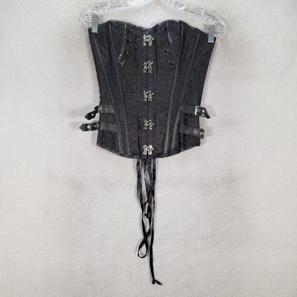 Black Floral Satin Gothic Strapless Steampunk Buckle Lace Up Sexy Bustier Corset - Picture 2 of 15